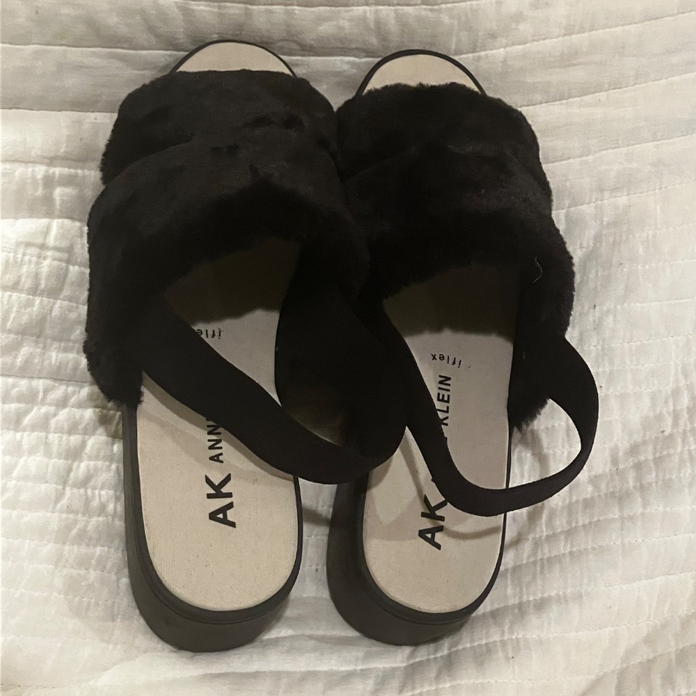 Anne Klein Faux Fur Slingback Platform Slingback Sandals Black iFlex Tenley 9.5